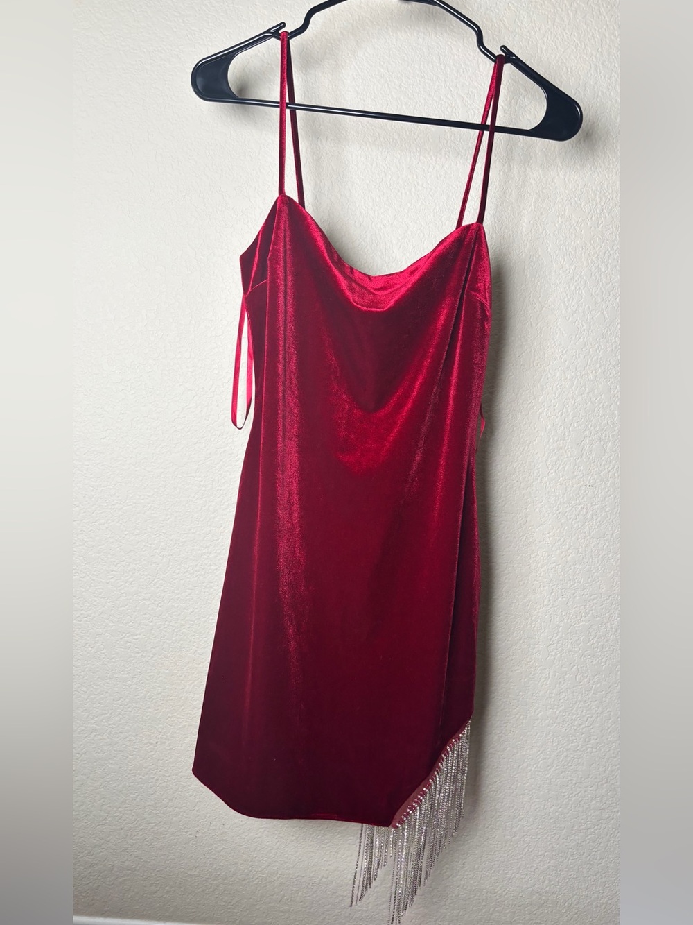 Windsor Red Velvet Mini Dress with Rhinestone Fringe Hem